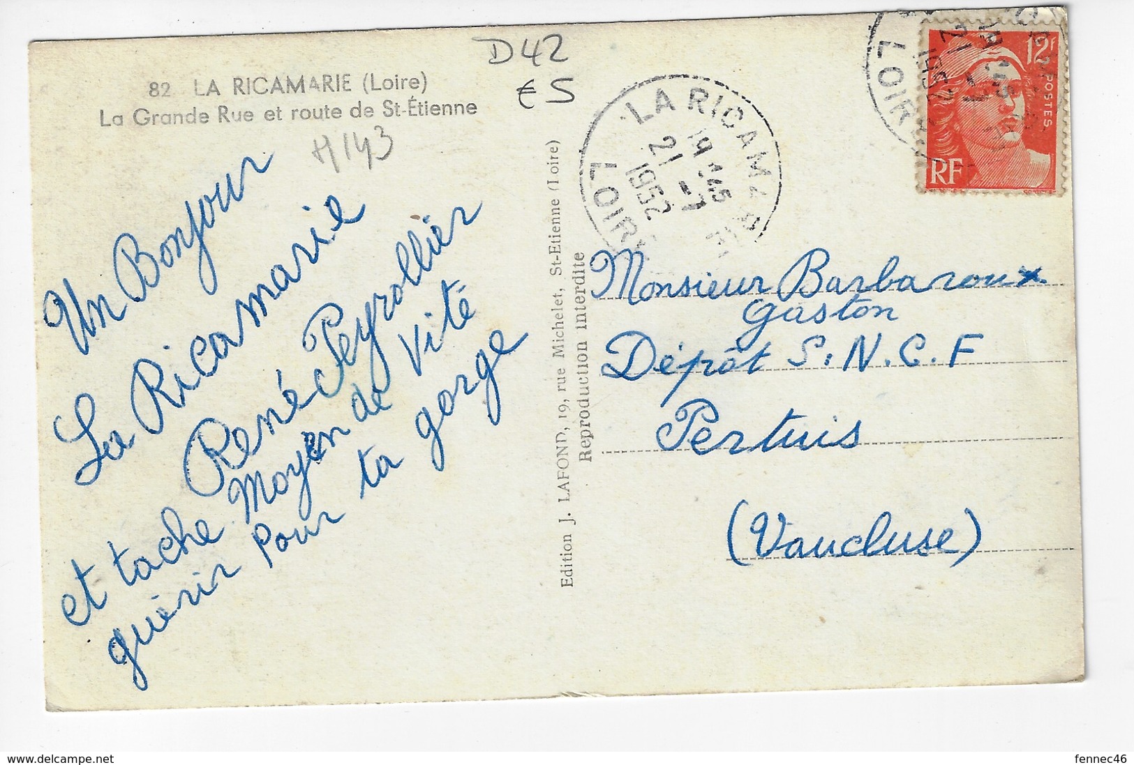 42 - LA RICAMARIE - La Grande Rue Et Route St Etienne - Animée - 1952 (H143) - Autres & Non Classés