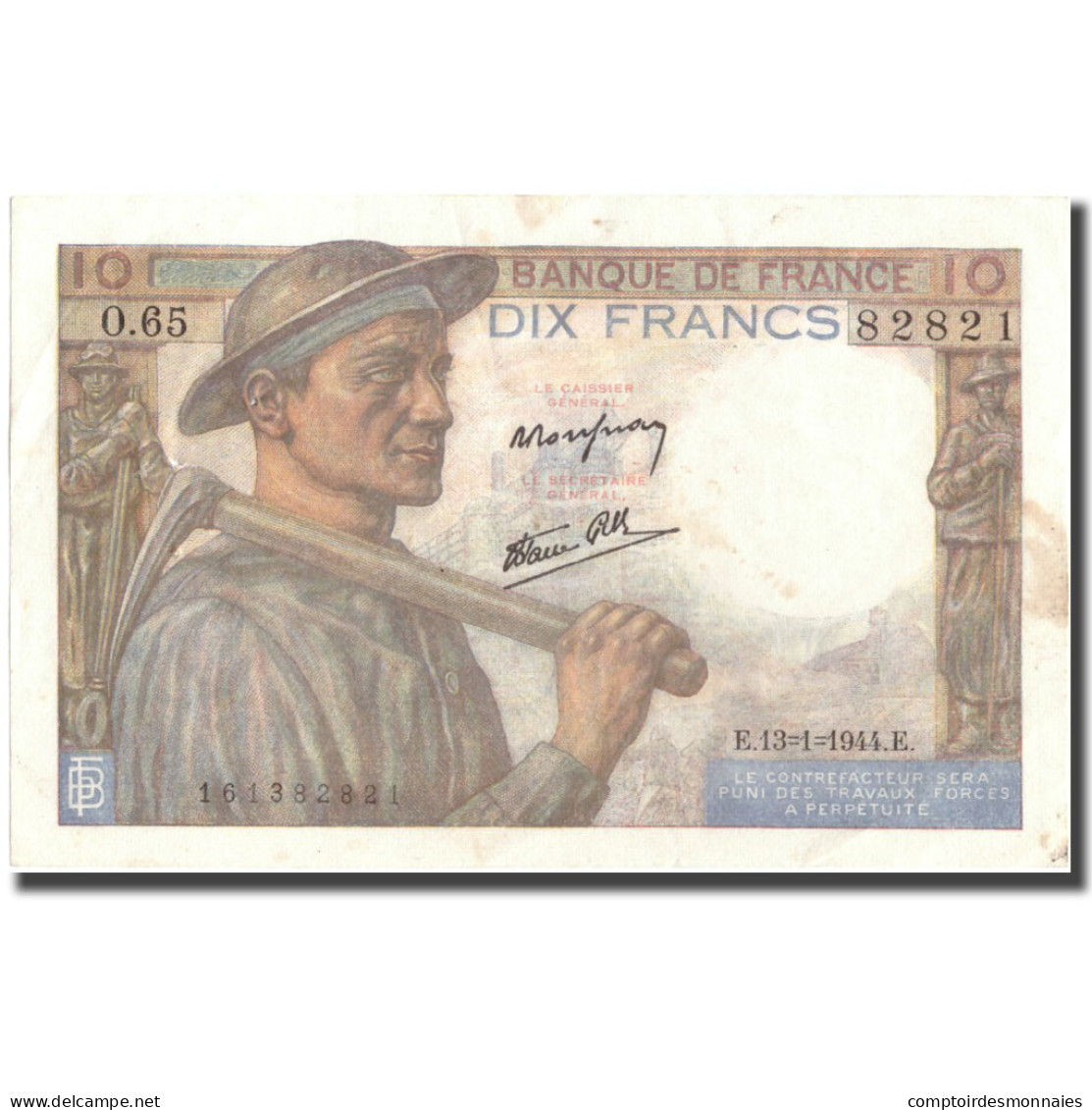 France, 10 Francs, 10 F 1941-1949 ''Mineur'', 1944, 1944-01-13, TTB+ - 10 F 1941-1949 ''Mineur''