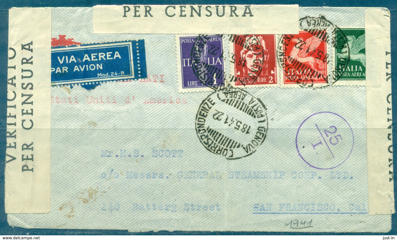 GUERRE 39 / 45  ITALIE Lettre Du 18.5.1941 Pour SAN FRANCISCO Avec Censure - WW II