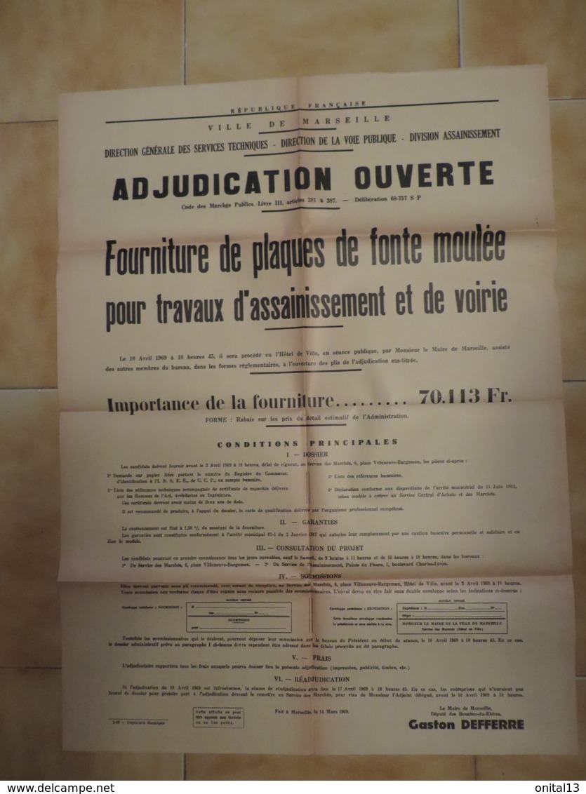 1969 AFFICHE ADJUDICATION PLAQUES DE FONTE  ASSAINISSEMENT VOIRIE MARSEILLE   E1 - Posters