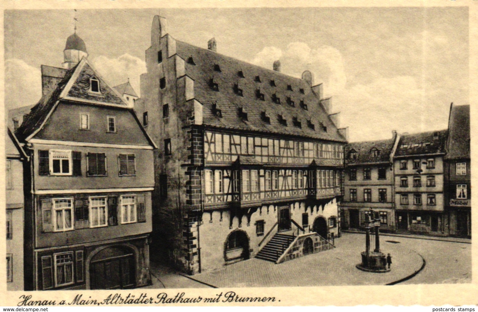 Hanau, Altstädter Rathaus Mit Brunnen Und Möbelgeschäft, Ca. 30er Jahre - Hanau