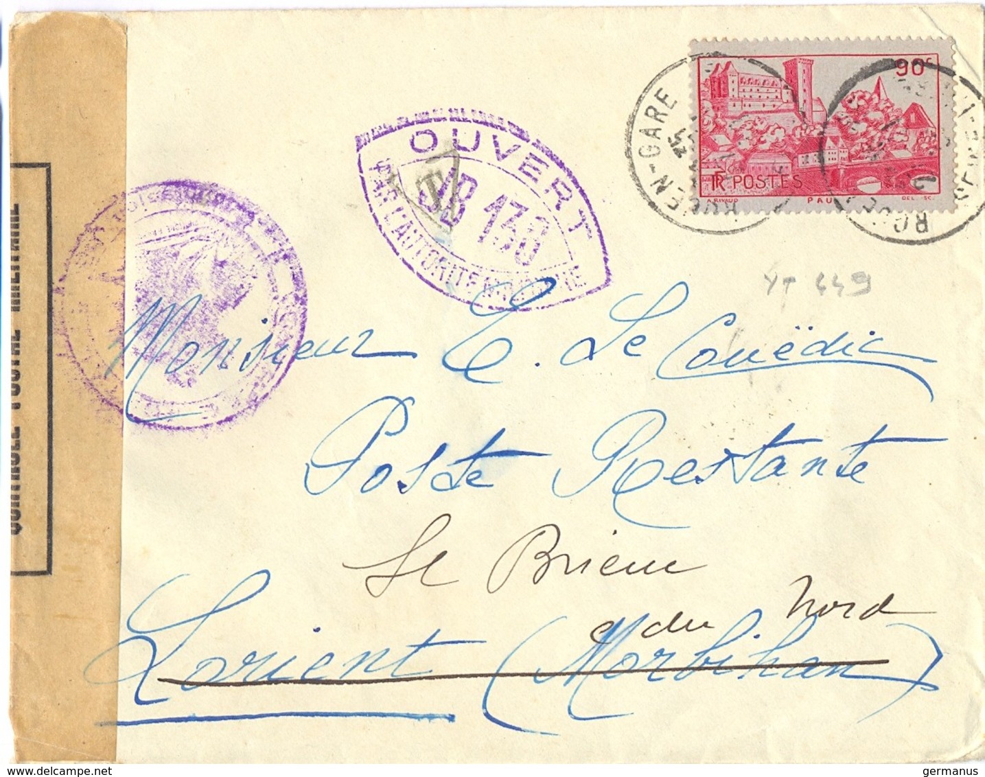 CHÂTEAU DE PAU 90c. YT 449 Timbre Seul Sur Lettre TàD ROUEN-GARE 27-11-35 => POSTE RESTANTE LORIENT + CENURE JB 138 - 1921-1960: Période Moderne