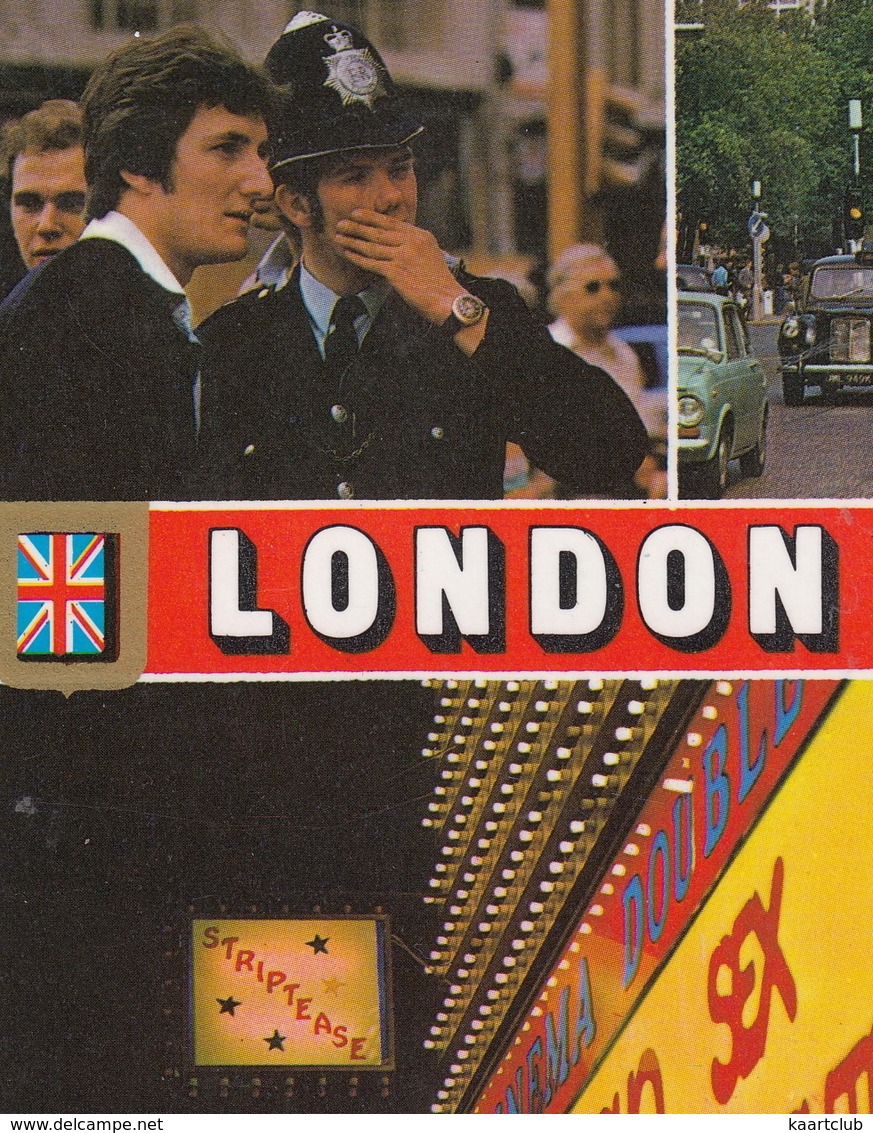 London - Policeman / Bobby, Soho Sex Centre, Cinema, Striptease Neon, Eros, Doubledeck Bus, Austin Taxi - Politie-Rijkswacht