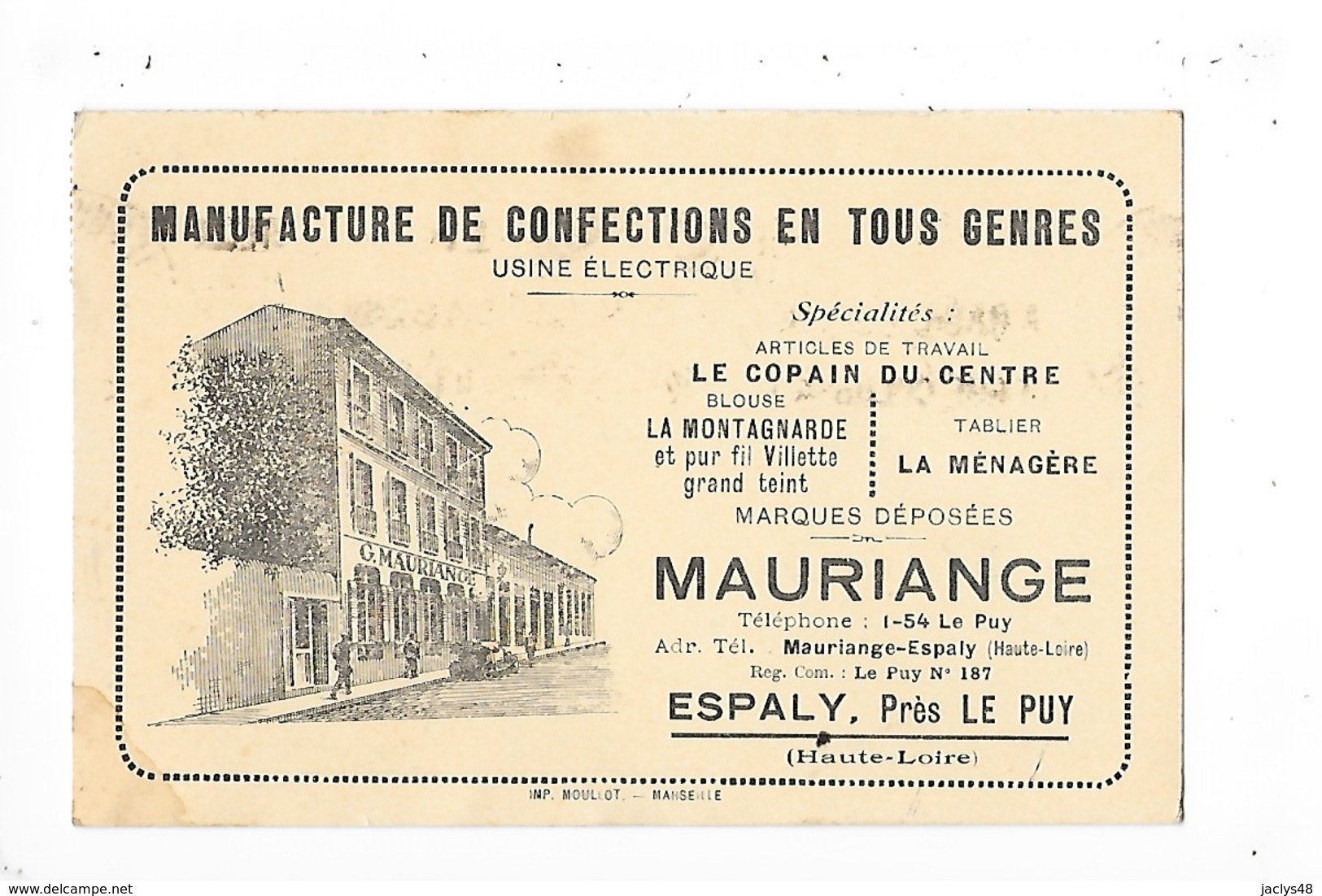 ESPALY St MARCEL Près LE PUY  - Carte Commerciale MAURIANGE Manufacture De Confections   -   L 1 - Other & Unclassified