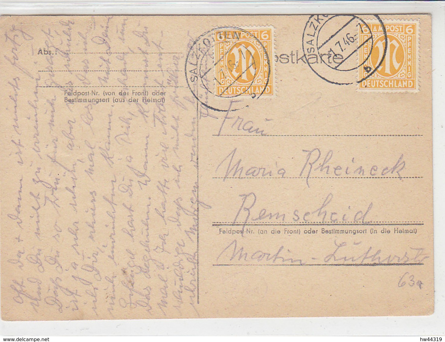 Karte Mit AM-Post Marken Aus SALZKOTTEN 1.7.46 Nach Remscheid - Sonstige & Ohne Zuordnung