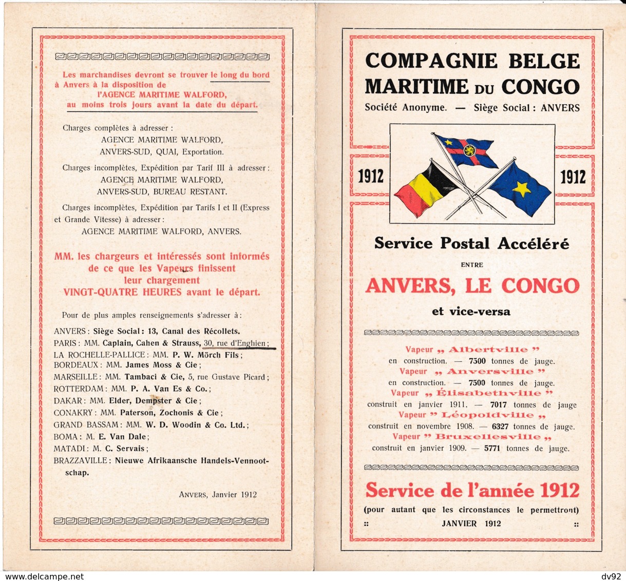 COMPAGNIE BELGE MARITIME DU CONGO SERVICE DE L ANNEE 1912 - Dampfer