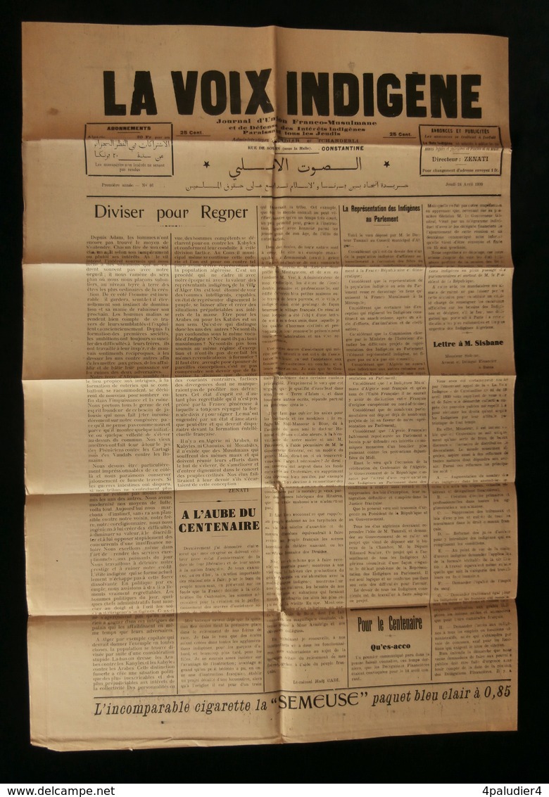 ( Algérie Constantine ) Journal LA VOIX INDIGENE Union Franco-Musulmane 1930 ZENATI - Autres & Non Classés