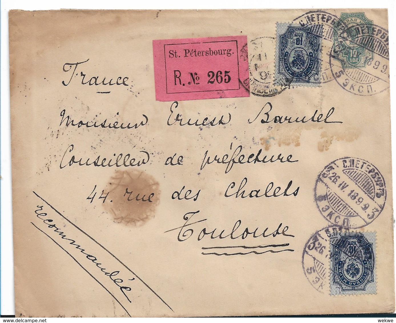 Rl012 / RRR,  Russland, Einschreiben Der Belg. Legation In St. Petersburg 1899 Nach Frankreich, Prov. R-Zettel - Lettres & Documents