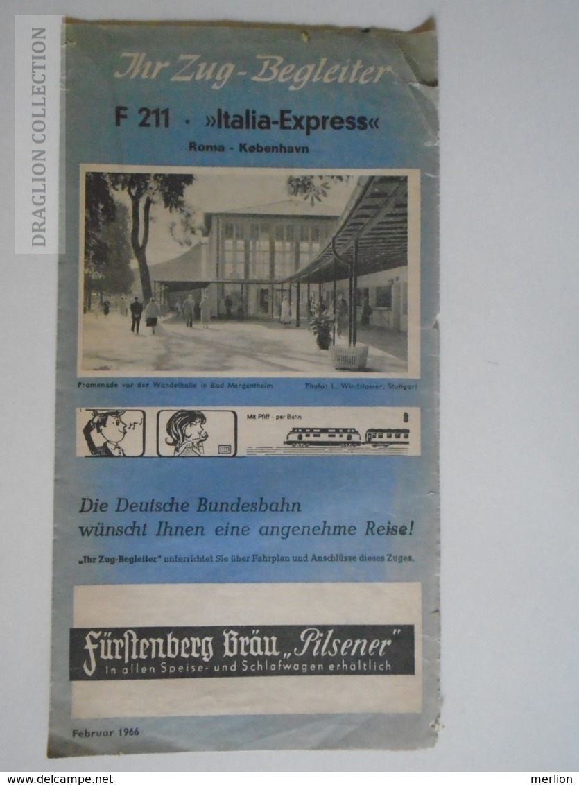 ZA117.9 Timetable  F211 Italia Express Roma Kobenhavn - 1966 - DB  Heavy Usage - Europe
