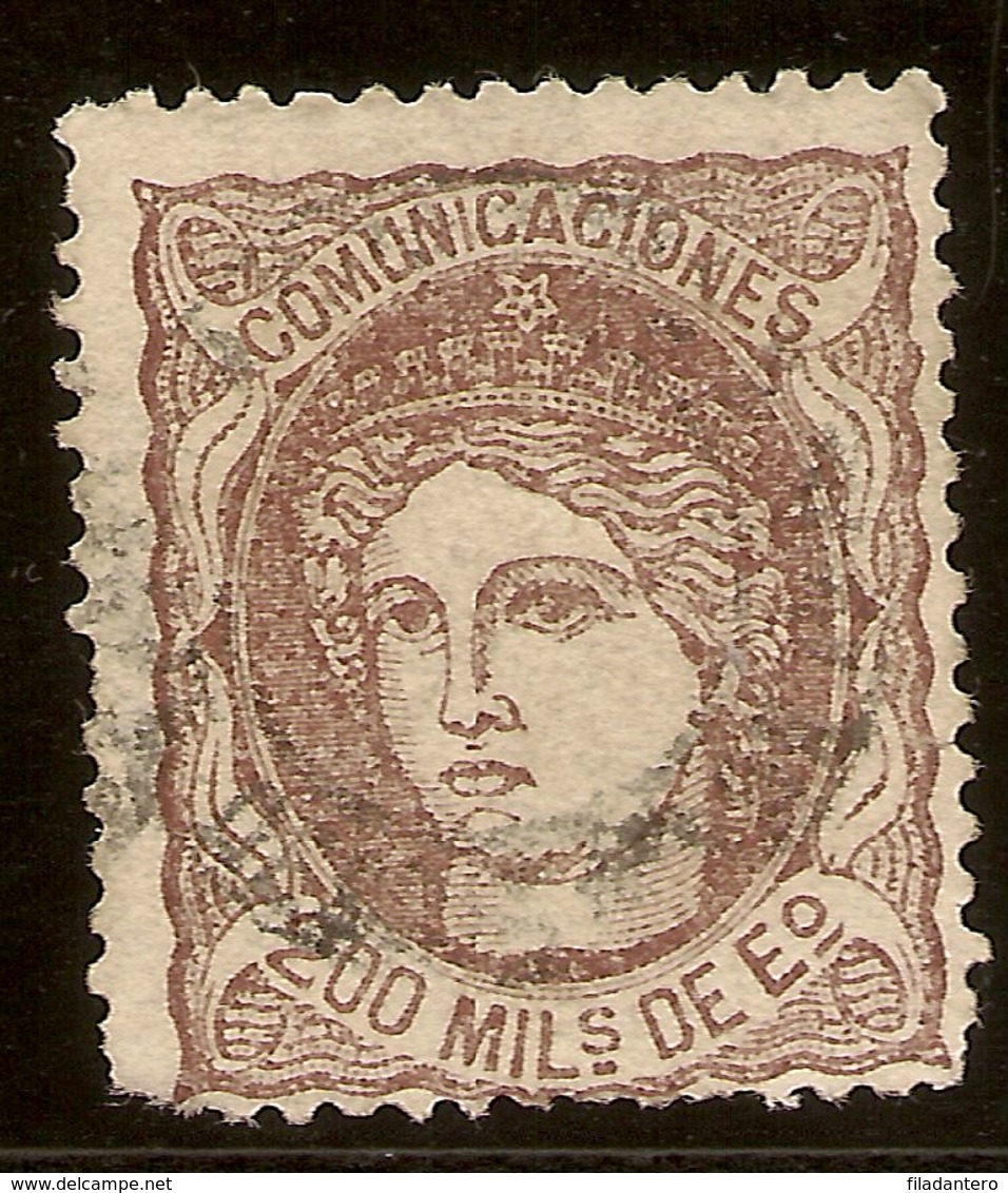 ESPAÑA Edifil 109 (º)  200 Milésimas Escudo  Castaño  Alegoría España  1870  NL1340 - Usados