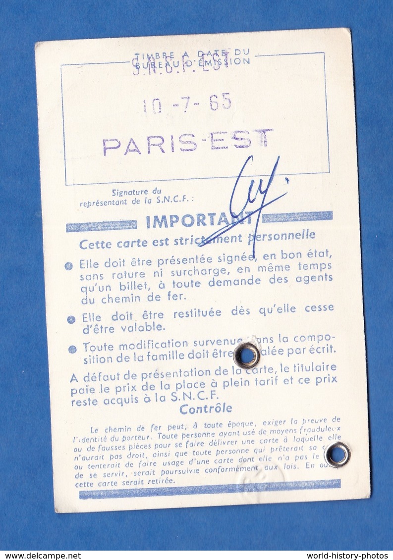 Carte Ancienne D'identité Familles Nombreuses SNCF - Gare PARIS Est - Josette BARRAL - 28 Novembre 1965 - Autres & Non Classés