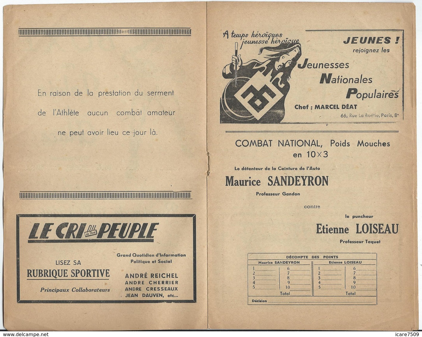 PARIS - BOXE Au Palais De Glace Réunion Du 14 Mai 1944 - 8 Pages Nombreuses Pub. Dont Loterie Nationale Et Banania - Programs