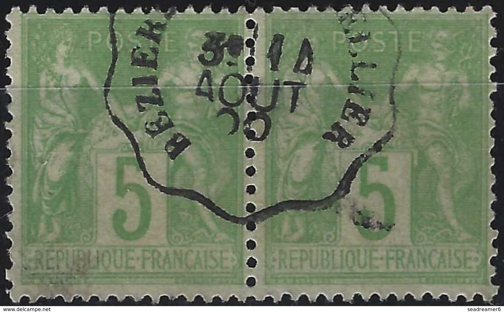 1898 Sage N°102 Paire Obl 5c Vert/jaune N/B Oblitéré Dateur Ondulé De Ligne Béziers à Montpellier Superbe !! - 1898-1900 Sage (Type III)