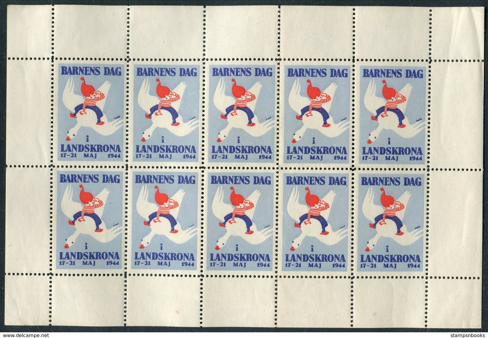1944 Sweden Barnens Dag Landskrona Sheet Of 10 Charity Seals - Unused Stamps