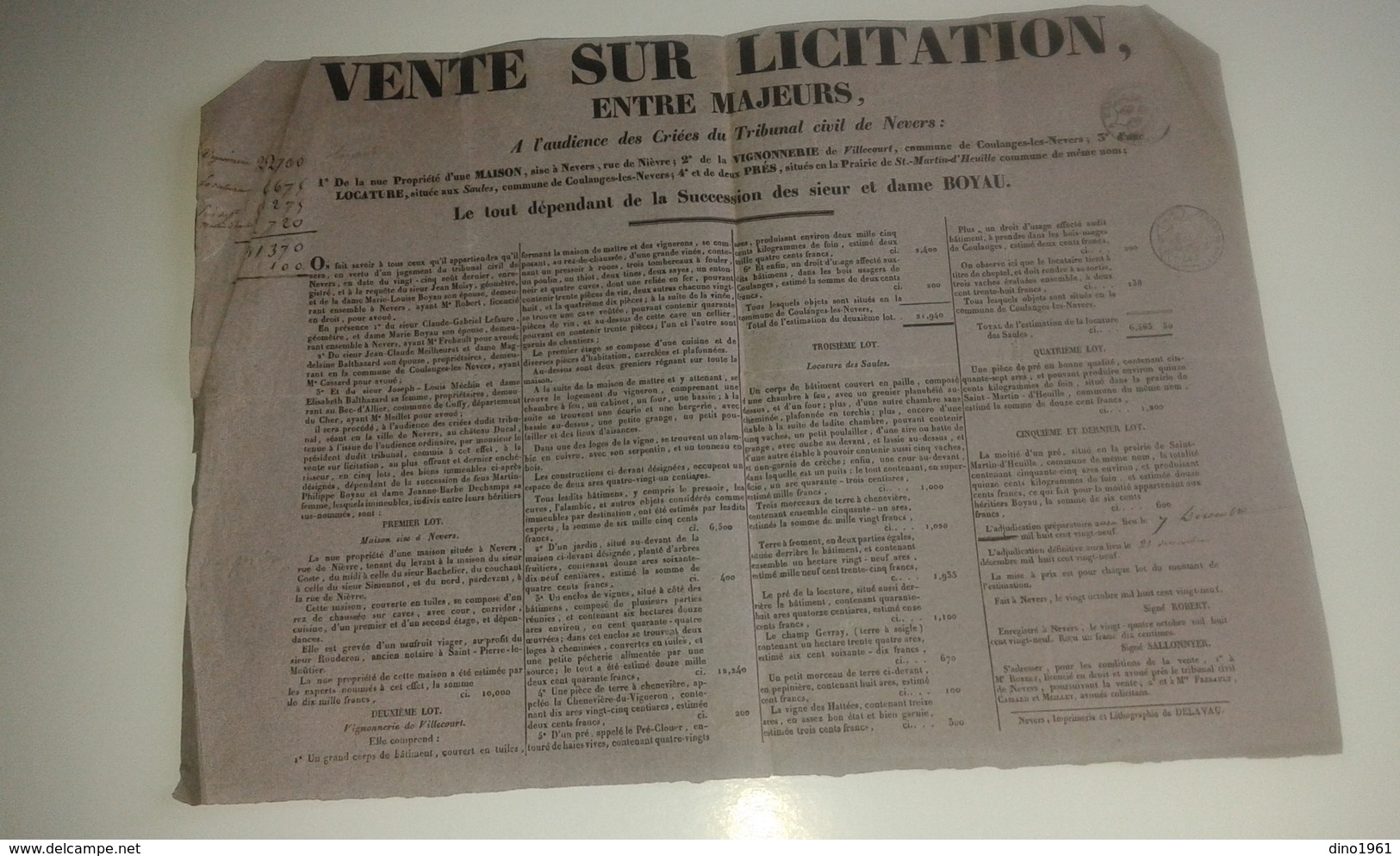 VP13.332 - 18?? - Affiche 40 X 30 Vente Sur Licitation D' Immeubles Situés à NEVERS & COULANGES LES NEVERS - Manifesti