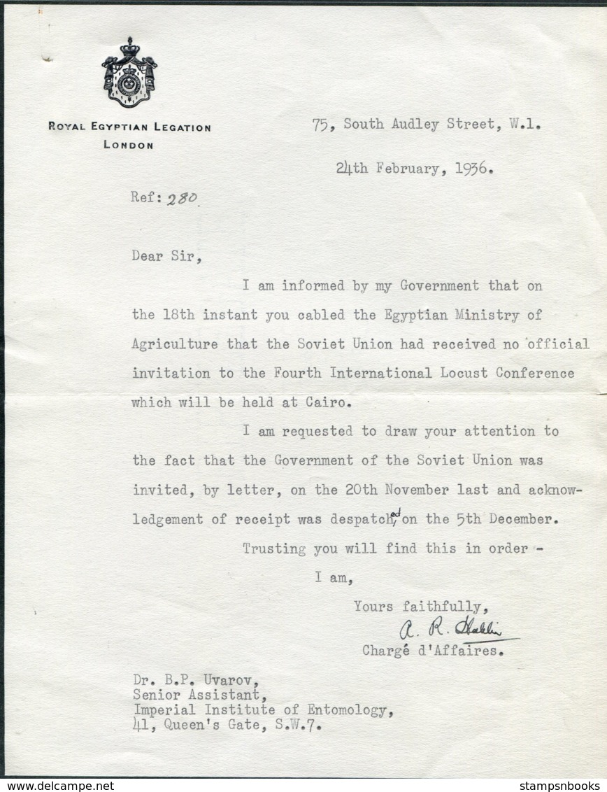 1936 Egyptian Legation, South Audley Street, London. 3 Letters To/from Dr Uvarov, Entomolgy Institute. Cairo Locust Conf - Historical Documents