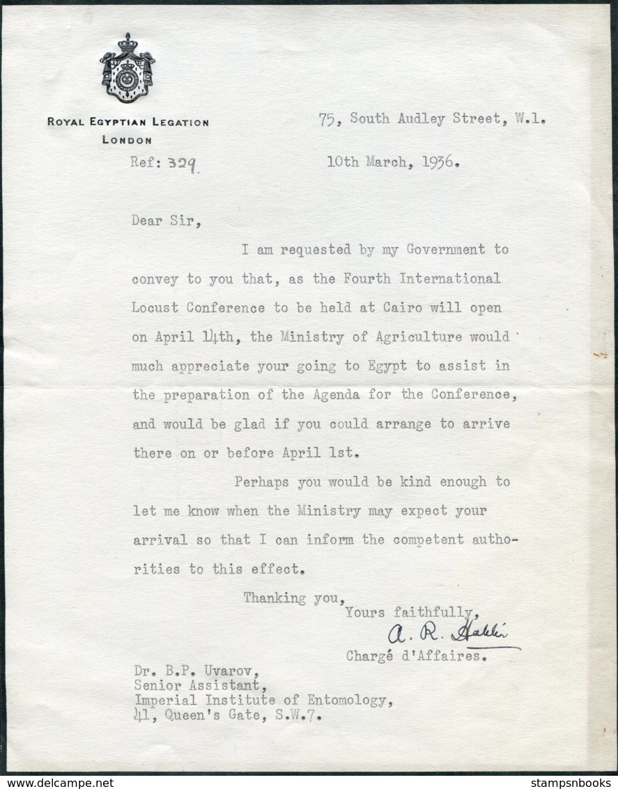 1936 Egyptian Legation, South Audley Street, London. 3 Letters To/from Dr Uvarov, Entomolgy Institute. Cairo Locust Conf - Historical Documents