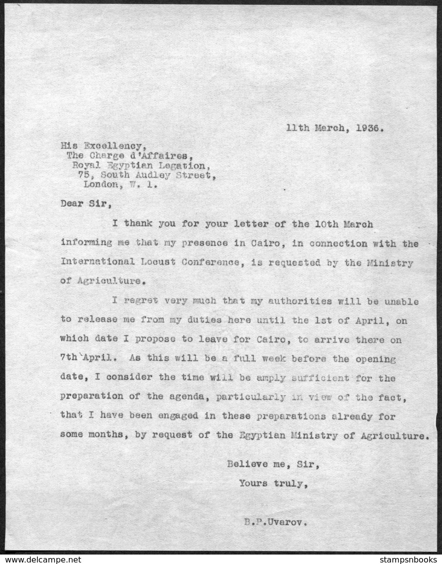 1936 Egyptian Legation, South Audley Street, London. 3 Letters To/from Dr Uvarov, Entomolgy Institute. Cairo Locust Conf - Historical Documents