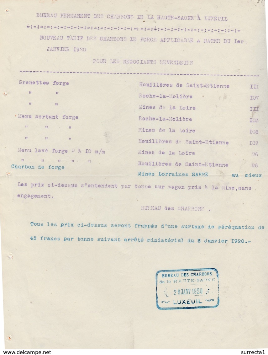 Tarif Des Charbons De Forge En 1920 / Selon Les Provenances Et Qualité / Bureau Charbons Luxeuil 70 / Rationnement - 1914-18