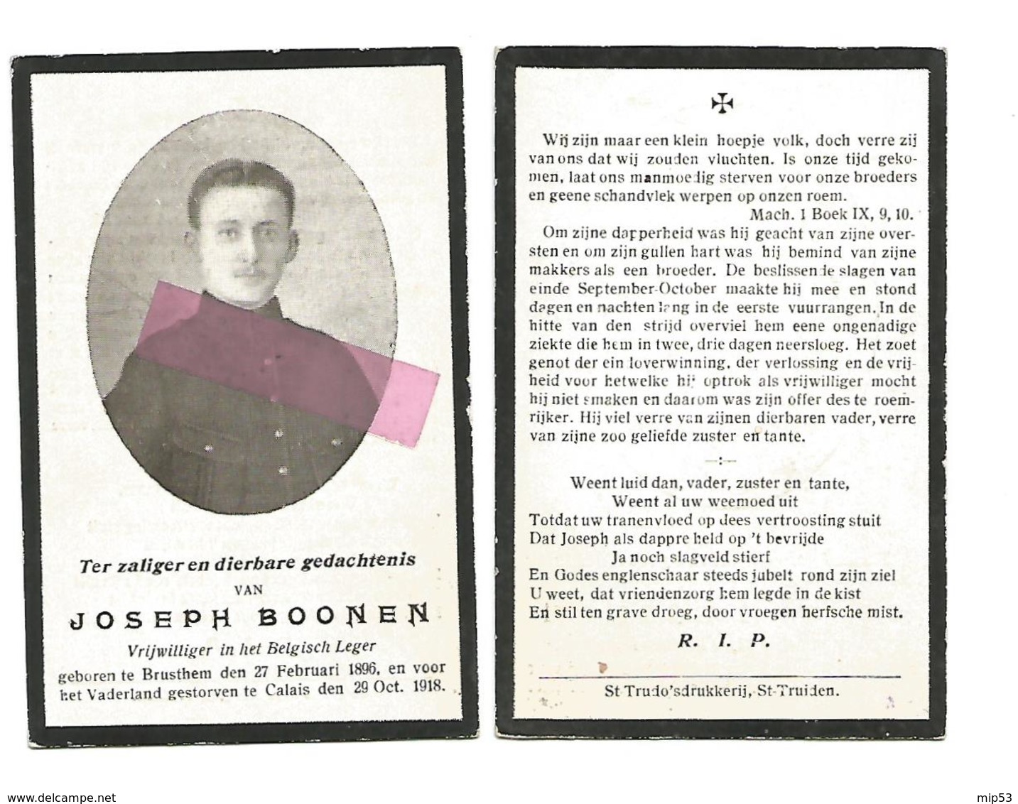 WO 43. JOSEPH  BOONEN - Vrijwilliger In Het Belgisch Leger - °BRUSTEM 1896 / Gesneuveld Te CALAIS 1918 - Images Religieuses