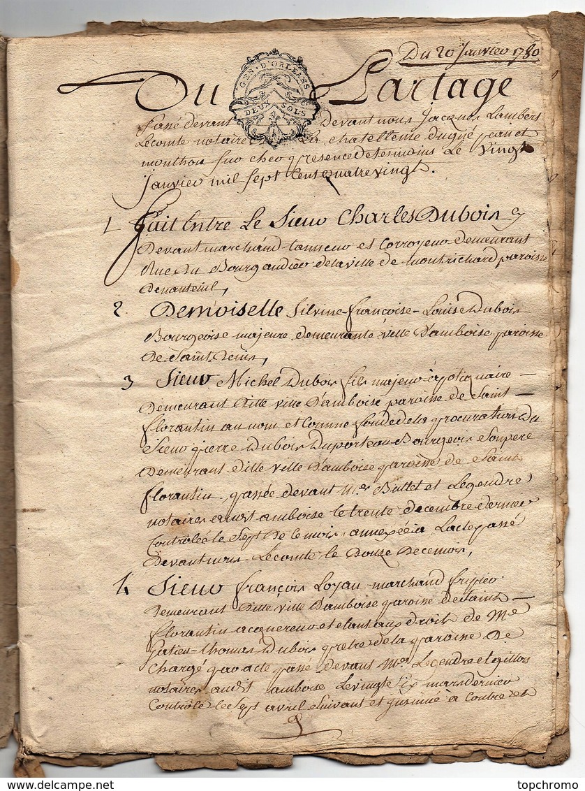 Acte Notarial Notaire à Monthou Sur Cher Manuscrit Succession Dubois Curé Cachet Généralité Orléans Deux Sols 16 P.1780 - Manuscrits