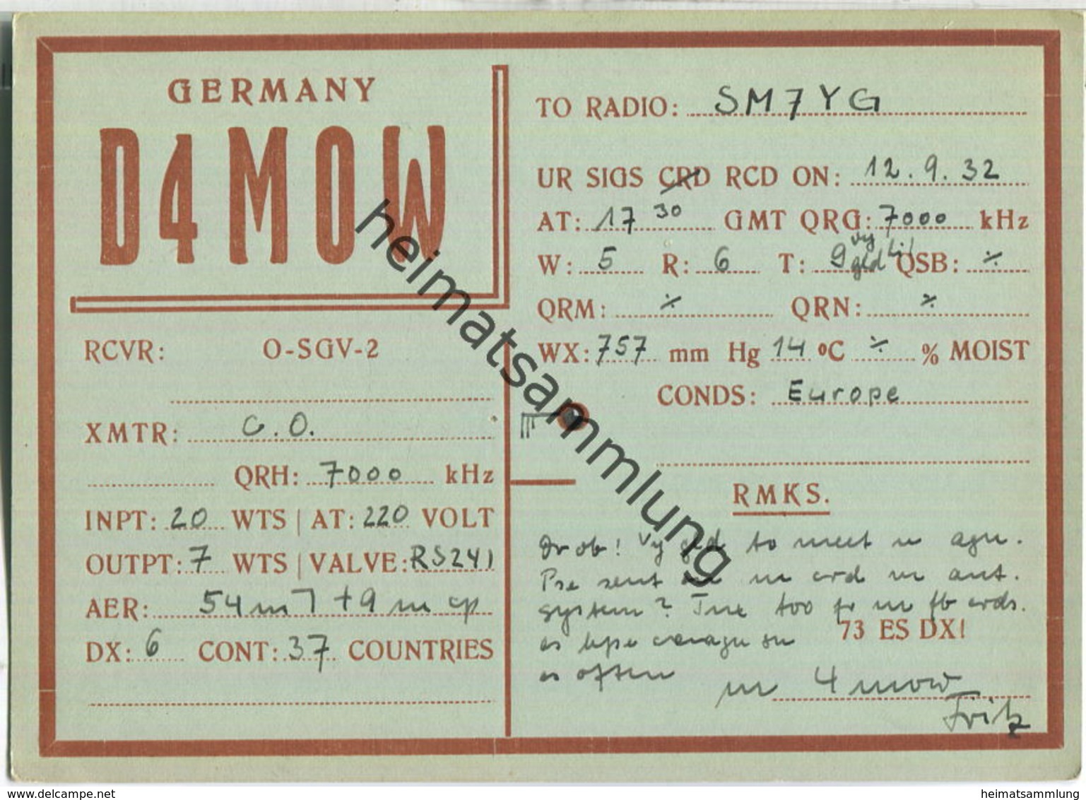 QSL - QTH - D4MOW - 1932 - Amateurfunk