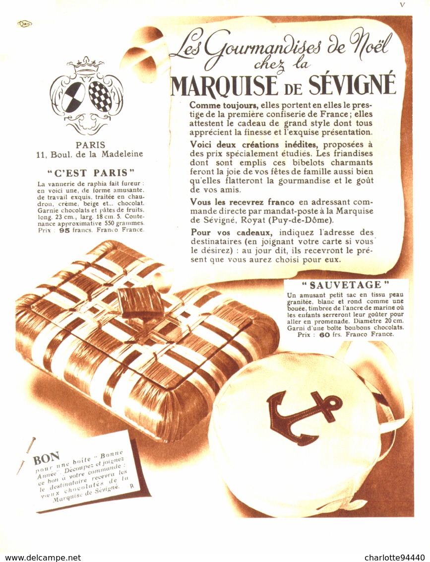 PUB  CHOCOLATS Et CONFISERIES   " MARQUISE De SEVIGNE "   1936 ( 3 ) - Cioccolato