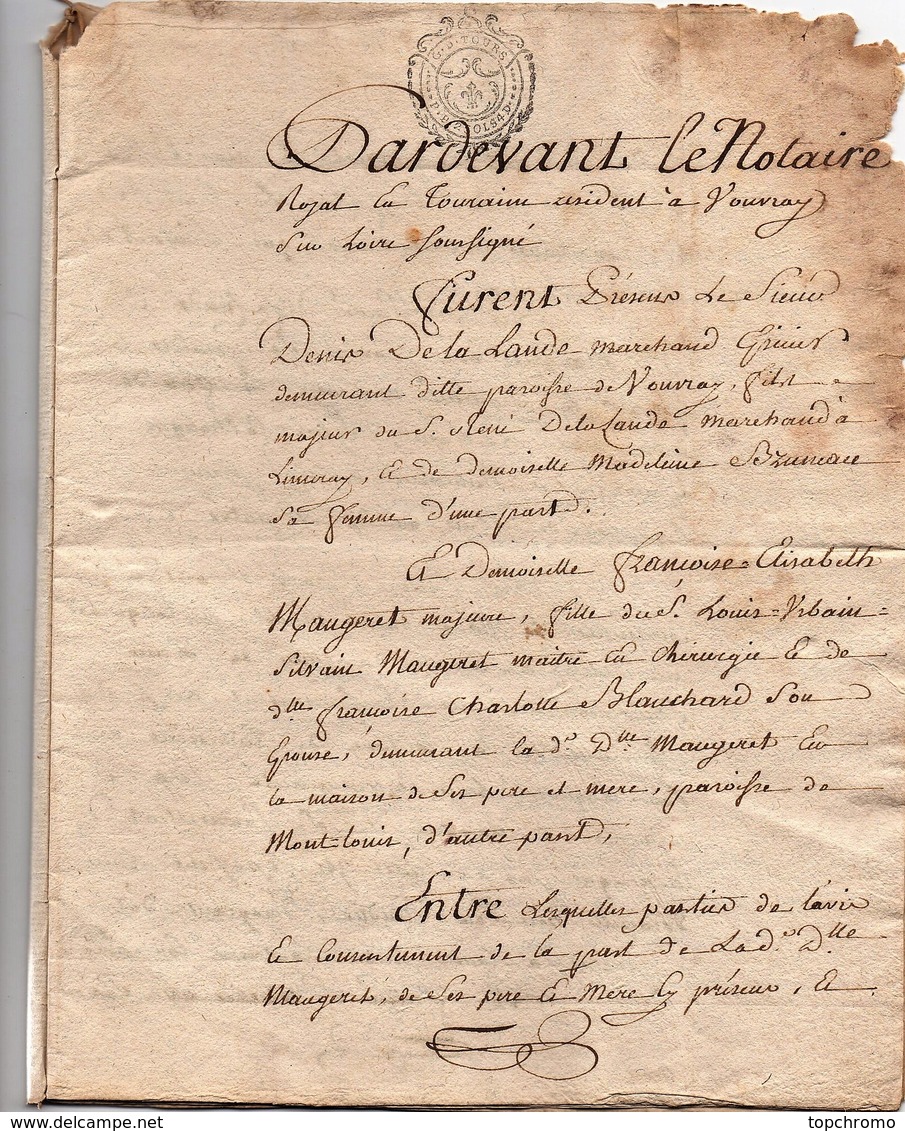 Acte Notarial Notaire Contrat De Mariage De La Lande Vouvray Maugeret Montlouis Cachet Généralité Tours 2 S. 4D 7 P.1785 - Manoscritti