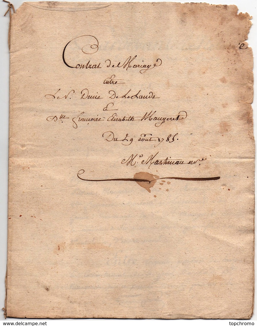 Acte Notarial Notaire Contrat De Mariage De La Lande Vouvray Maugeret Montlouis Cachet Généralité Tours 2 S. 4D 7 P.1785 - Manoscritti