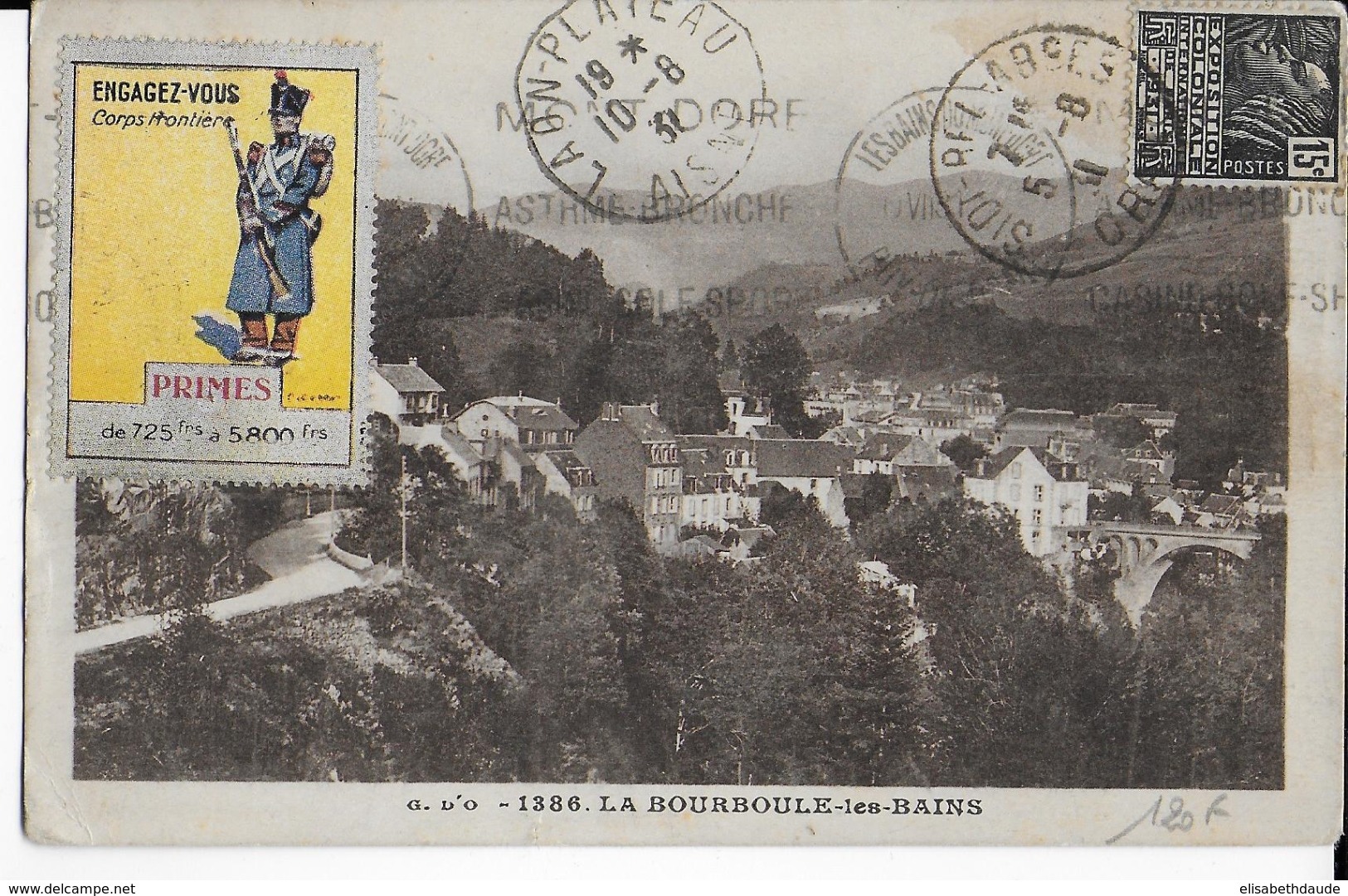 1931 - CARTE De LA BOURBOULE (PUY DE DOME) => TLEMCEN (ALGERIE) => SIDI BEL ABBES Avec VIGNETTE => LAON (AISNE) - Vignettes Militaires