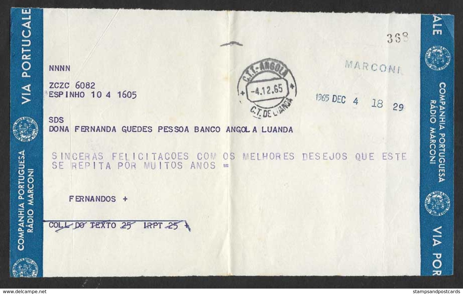 Angola Portugal Télégramme Radio Marconi 1965 Telegram - Briefe U. Dokumente