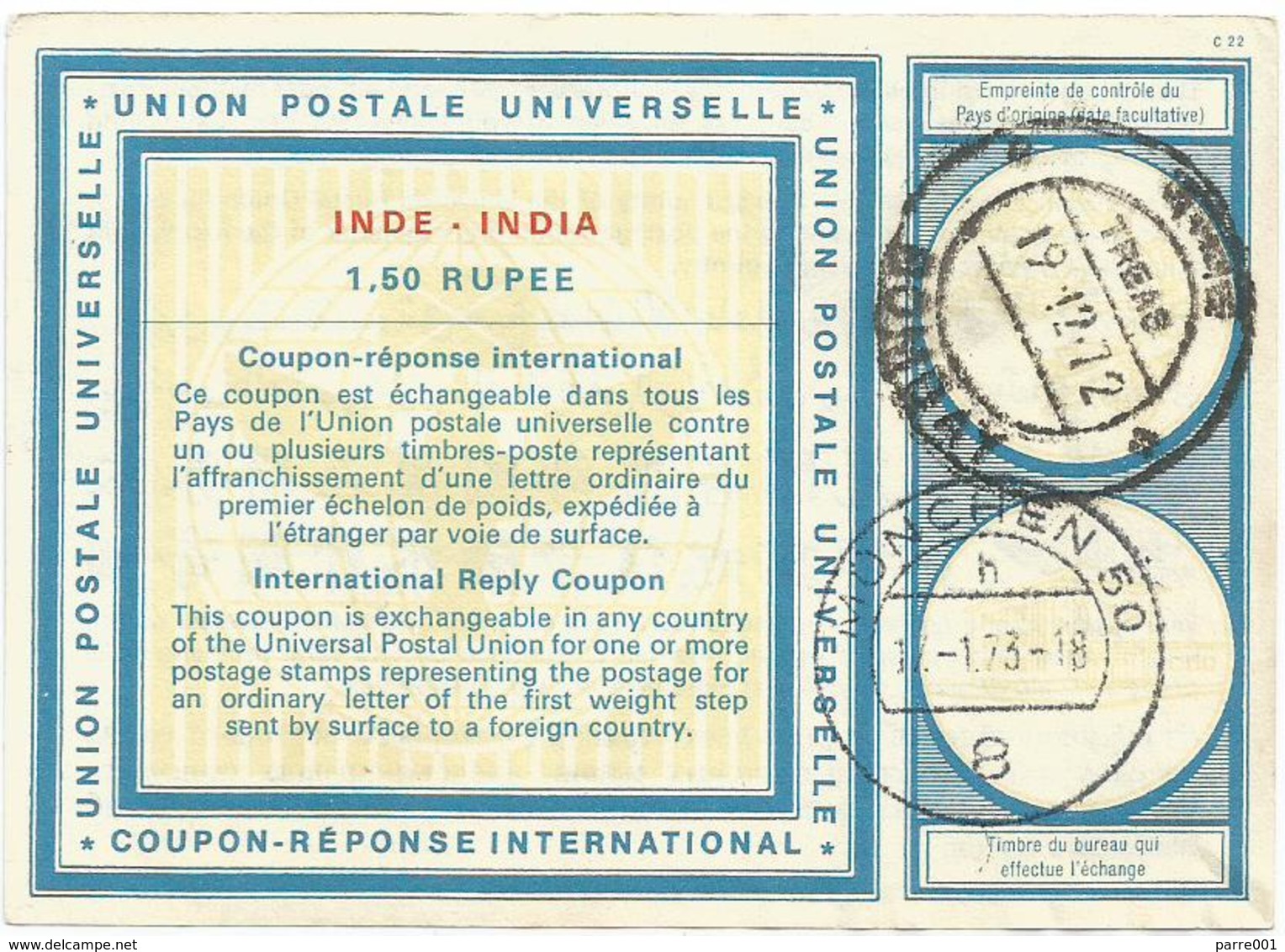 India 1972 Type XX 1,50 Rp International Reply Coupon Reponse Antwortschein IRC IAS - Unclassified