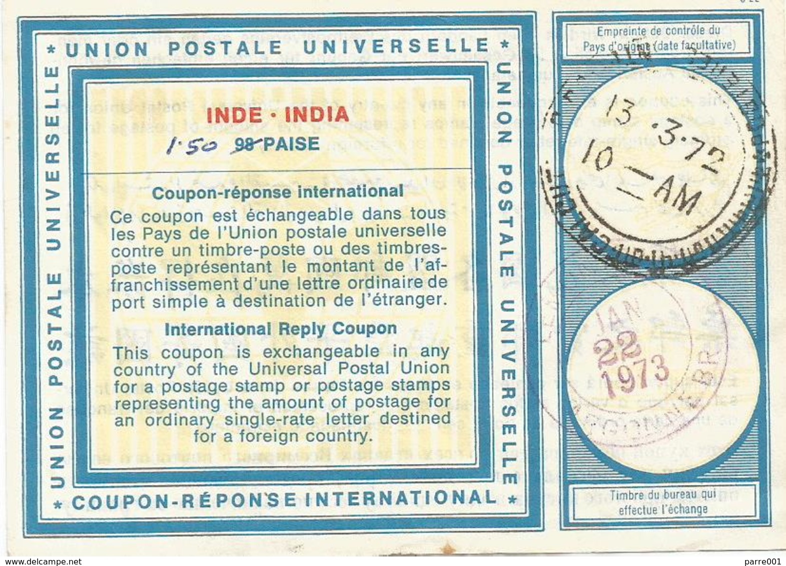 India 1972 Type XIX Rare 98 P Changed Value 1.50 Rp International Reply Coupon Reponse Antwortschein IRC IAS - Sin Clasificación