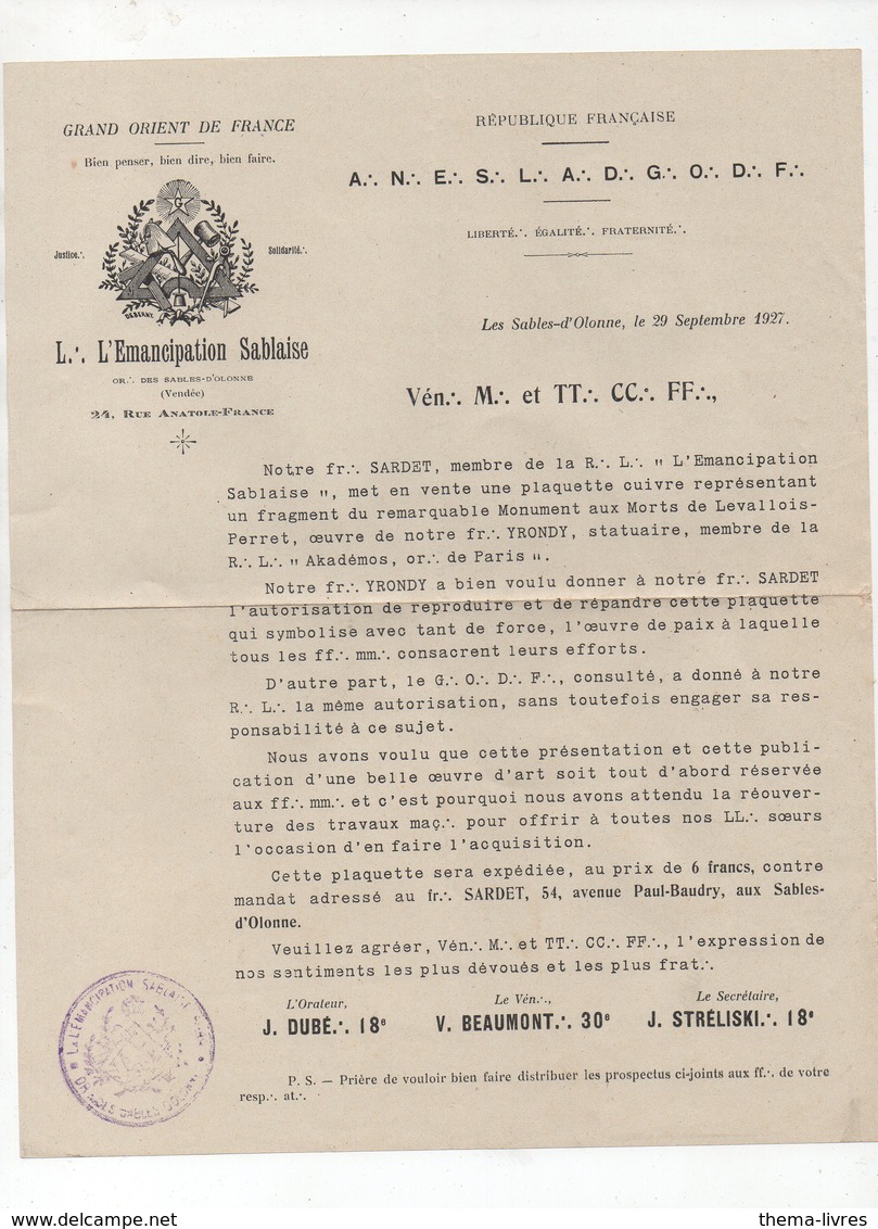 Les Sables D'Olonne (85 Vendée)( Franc Maçonnerie) Document De 1927  (PPP9650) - Unclassified