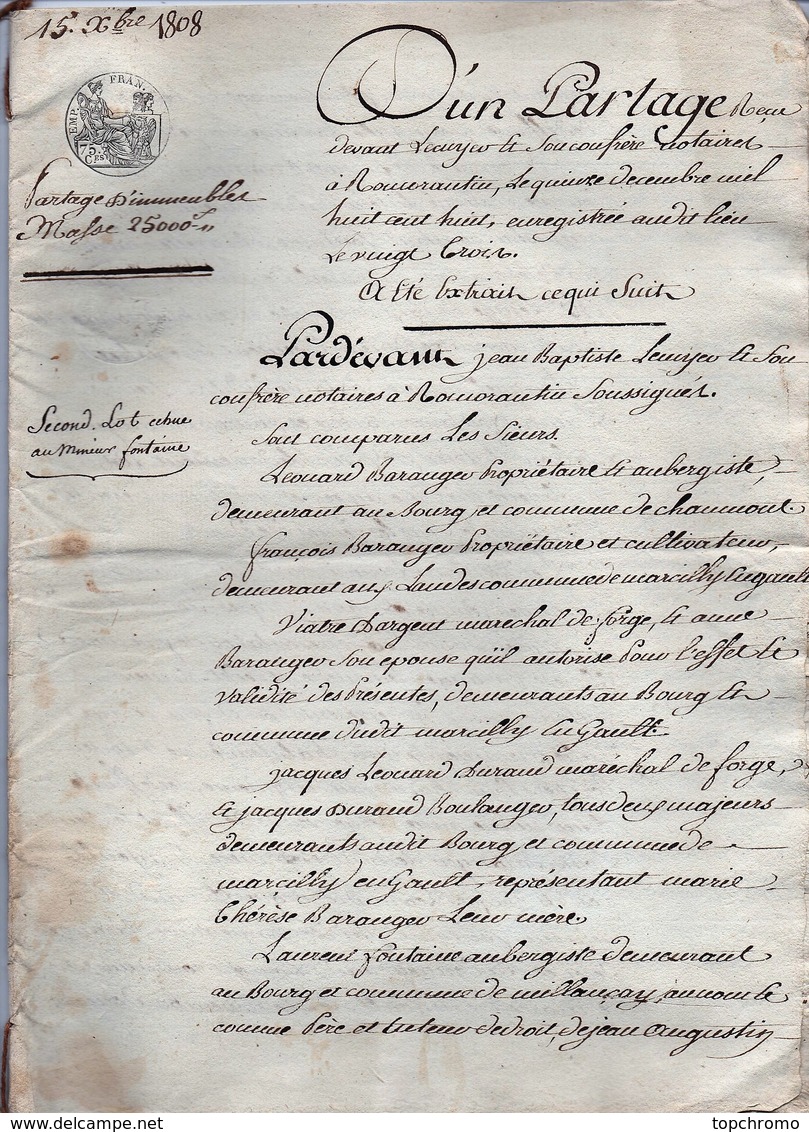 Acte Notarial Notaire Romorantin Partage D'immeubles Baranger Chaumont Sur Tharonne 16 P.1808 - Manoscritti