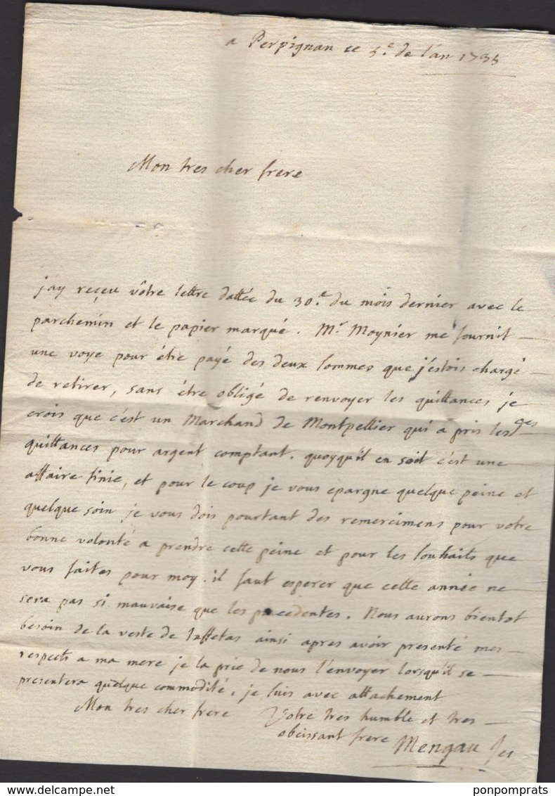 PYRENEES ORIENTALES: Pli De PERPIGNAN De 1735 En Port Du à 3 Sol Avec Marque Linéaire DEPERPIGNAN Pour NARBONNE - 1701-1800: Précurseurs XVIII