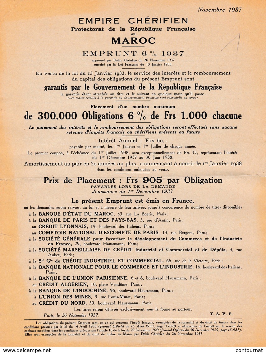 MAROC Empire Chérifien  Emprunt 1937 Garanti Par Gouvernement Français      A83 - Autres & Non Classés