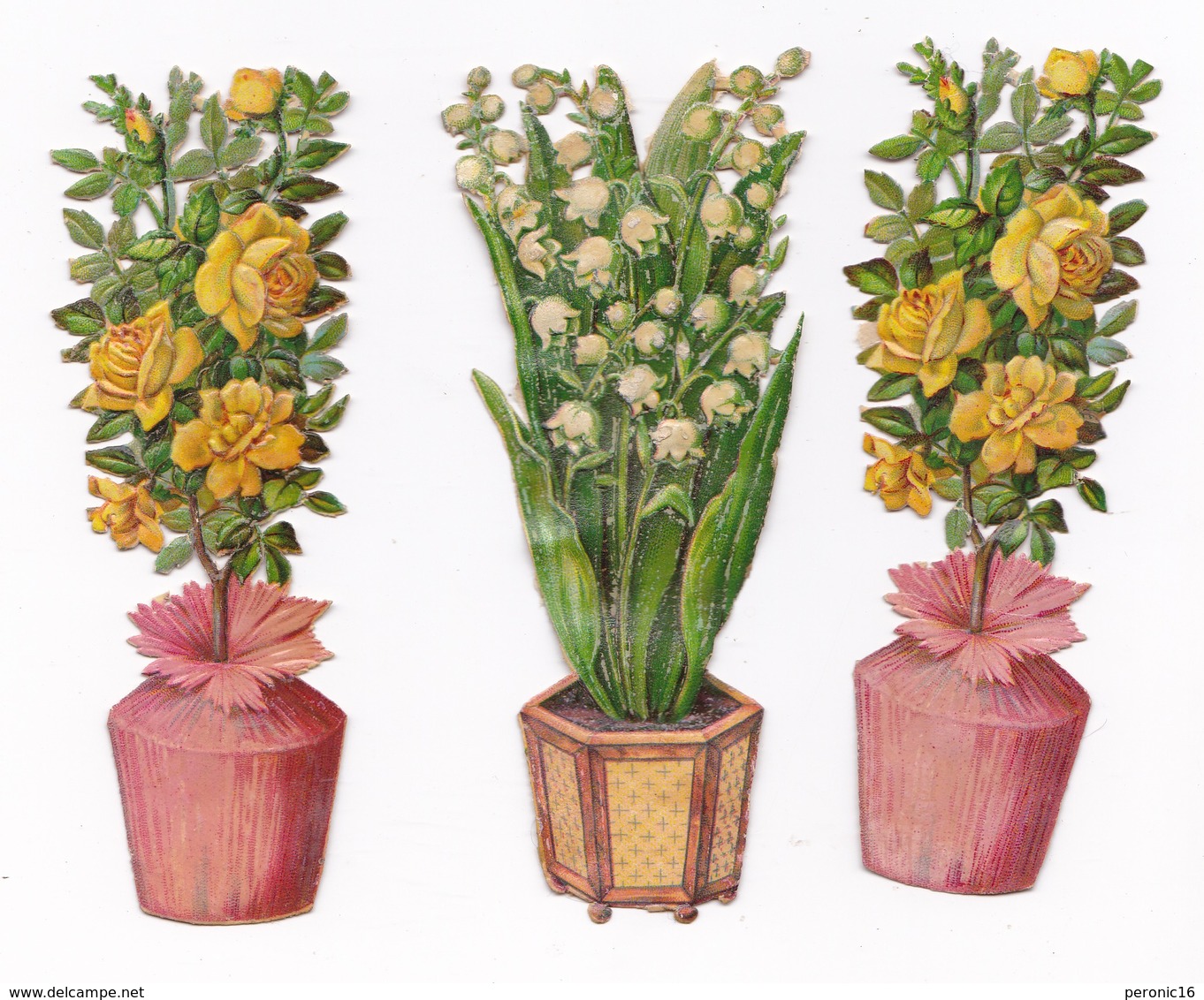 Lot De 4 Chromos Découpis, Fin XIXe Siècle, Pots De Fleurs, Roses, Muguet - Autres & Non Classés