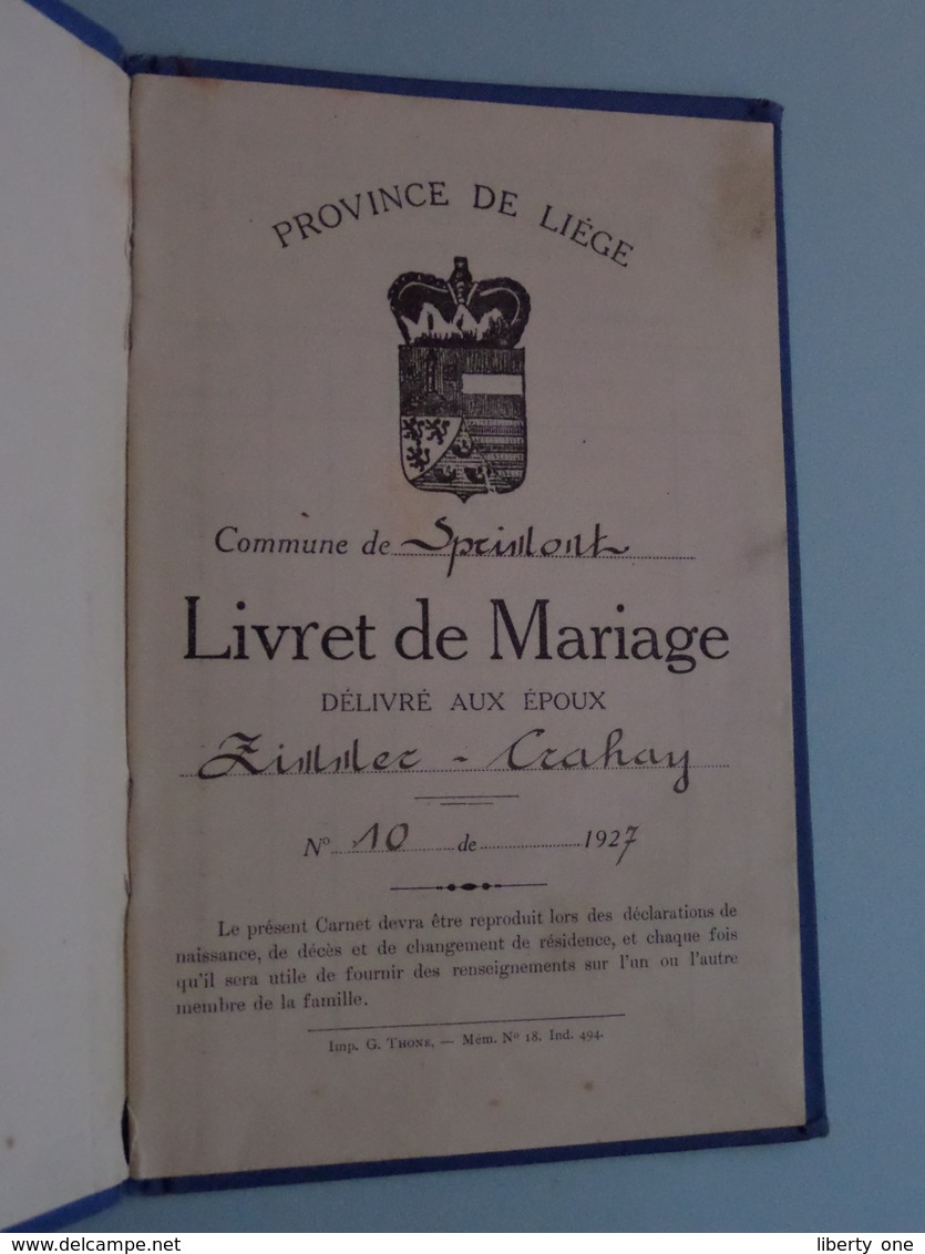 Carnet De MARIAGE Province De Liège SPRIMONT ( ZIMMER > CRAHAY ) 1927 N° 10 ( Details Zie Foto ) ! - Non Classés