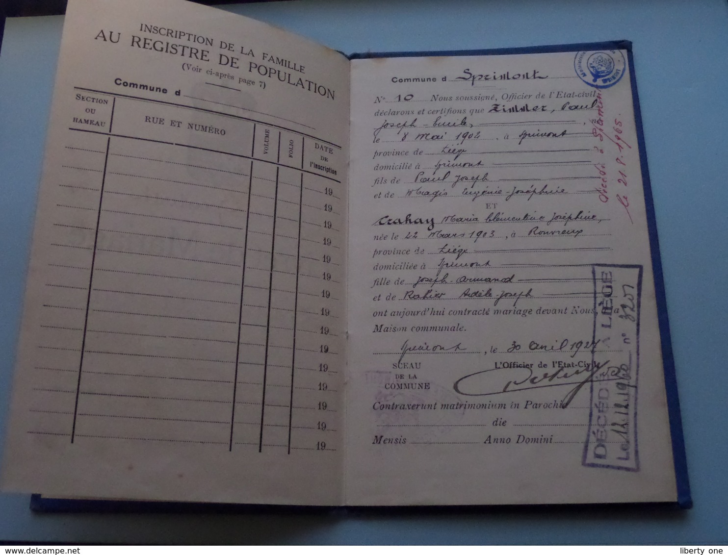 Carnet De MARIAGE Province De Liège SPRIMONT ( ZIMMER > CRAHAY ) 1927 N° 10 ( Details Zie Foto ) ! - Non Classés