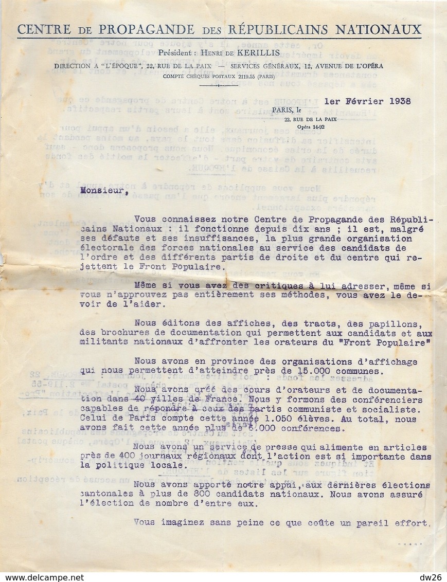 Lettre, Appel De Fonds 1938 Du Président Henri De Kérillis (Centre De Propagande Des Républicains Nationaux) - Non Classés