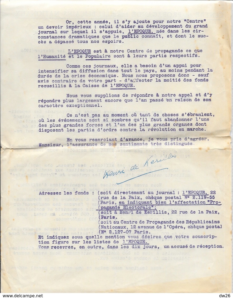 Lettre, Appel De Fonds 1938 Du Président Henri De Kérillis (Centre De Propagande Des Républicains Nationaux) - Non Classés