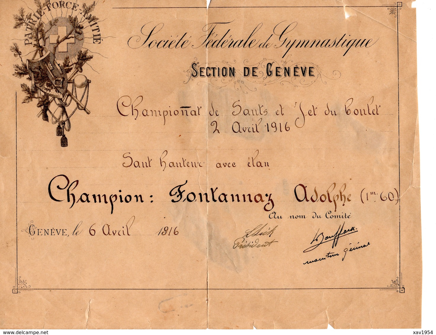 DIPLOME De La SOCIETE FEDERALE De GYMNASTIQUE De GENEVE Du 06 Avril 1916 - Diplômes & Bulletins Scolaires