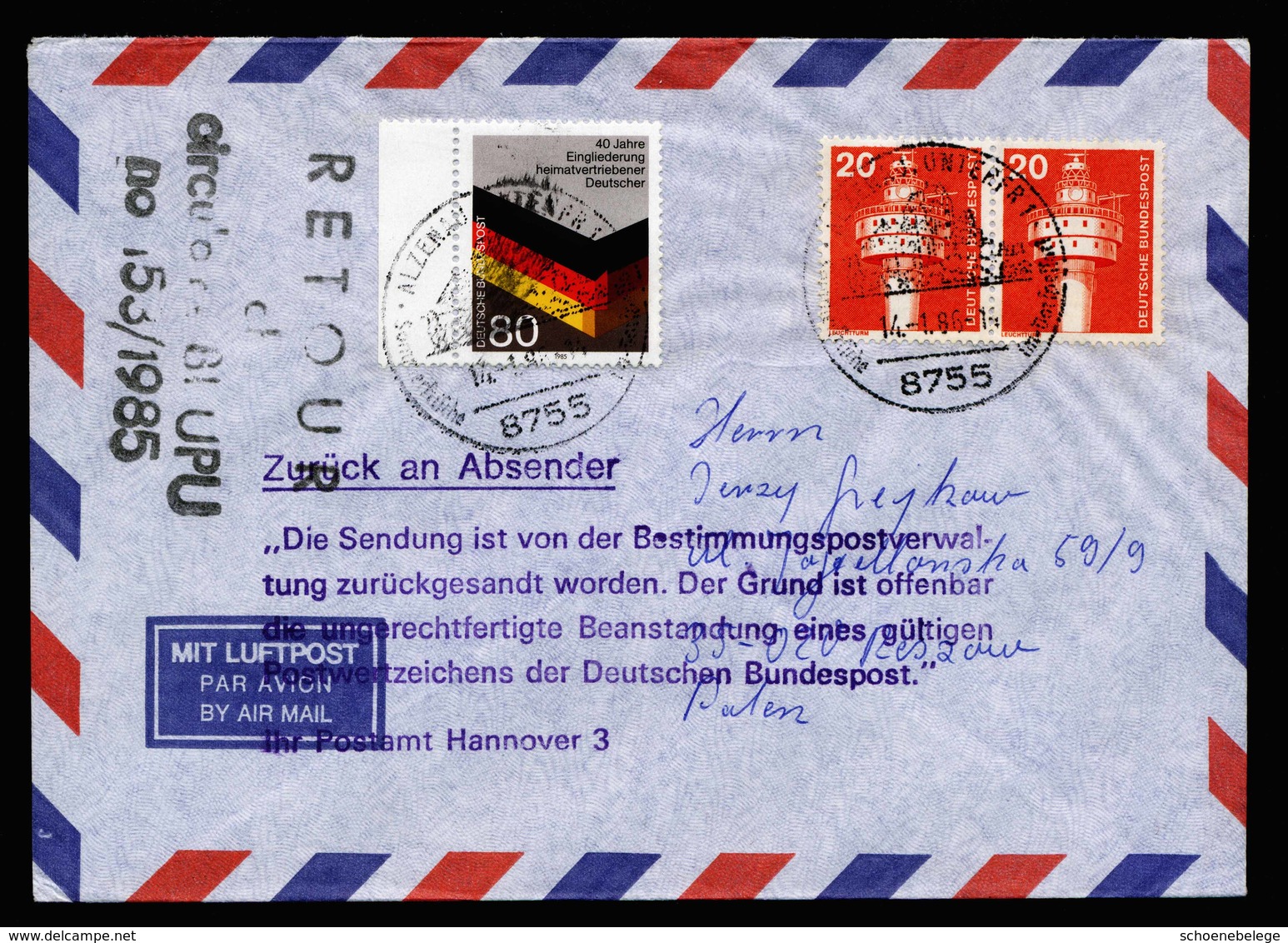 A5696) Bund Brief Postkrieg Alzenau 14.01.86 Nach Polen Mi.1265 - Briefe U. Dokumente