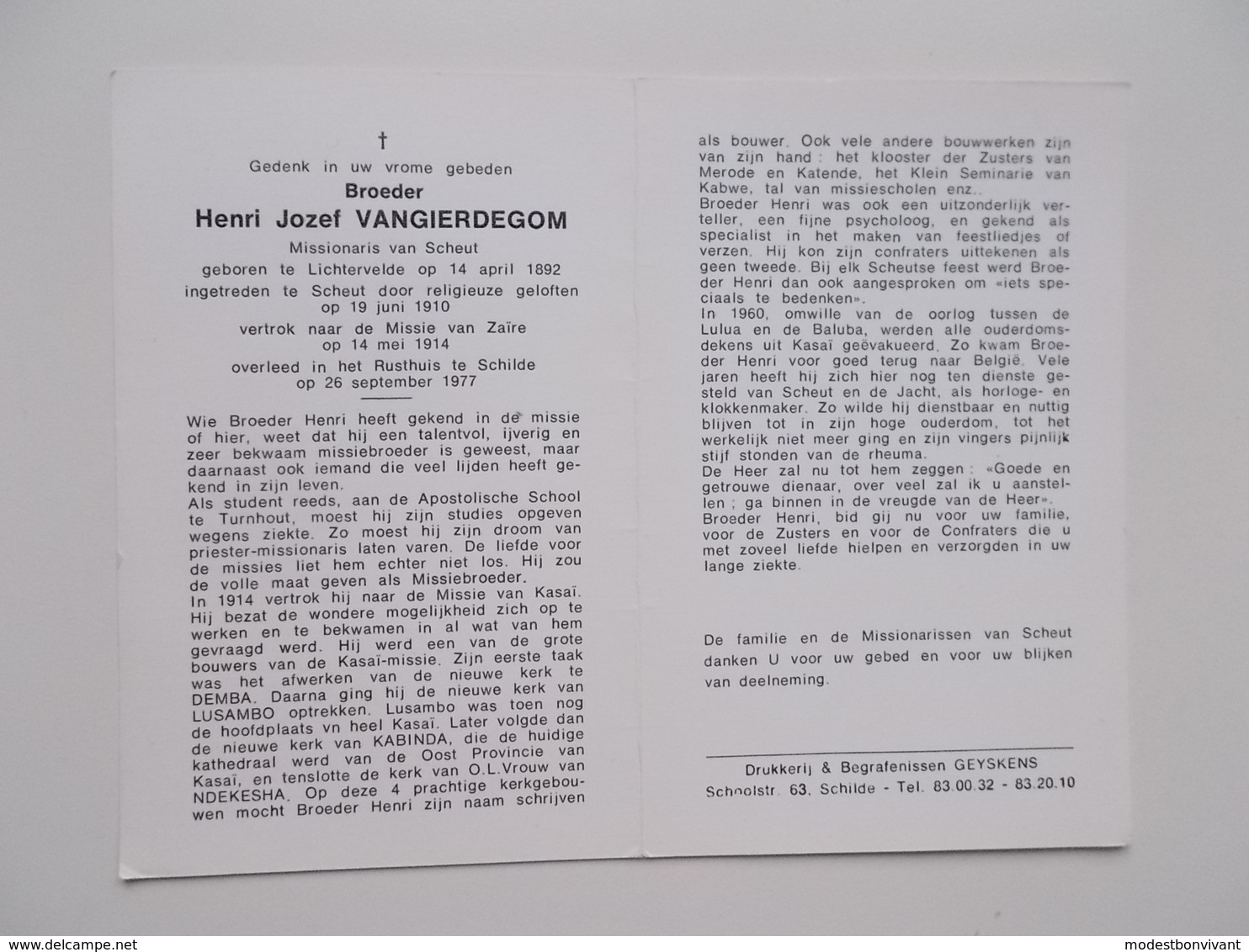 Bidprentje: Broeder Henri VANGIERDEGOM, Lichtervelde 14/4/1892 - Schilde 26/9/1977, Missionaris Van Scheut - Décès