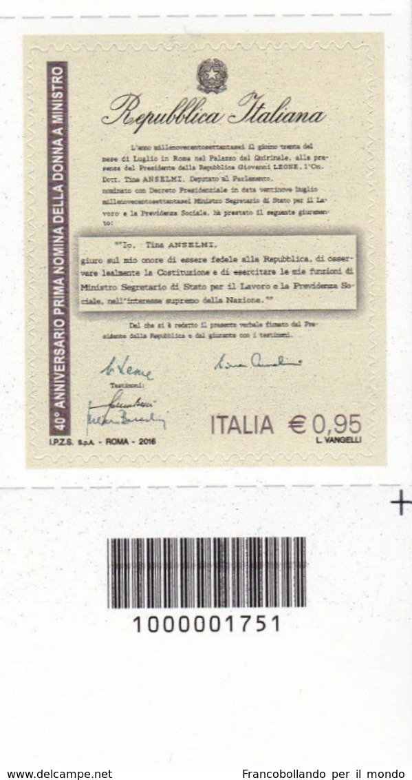 2016 REPUBBLICA ITALIANA 1751  40 ANNIVERSARIO NOMINA MINISTRO DONNA CODICE A BARRE 1751 - Codici A Barre