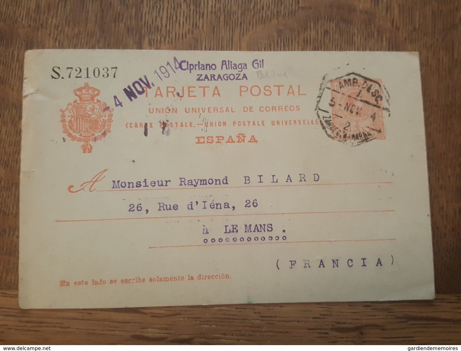 1916 - Entier Postal - TAD Amb. Desc. Zaragoza Barna - Destination Le Mans - 1850-1931