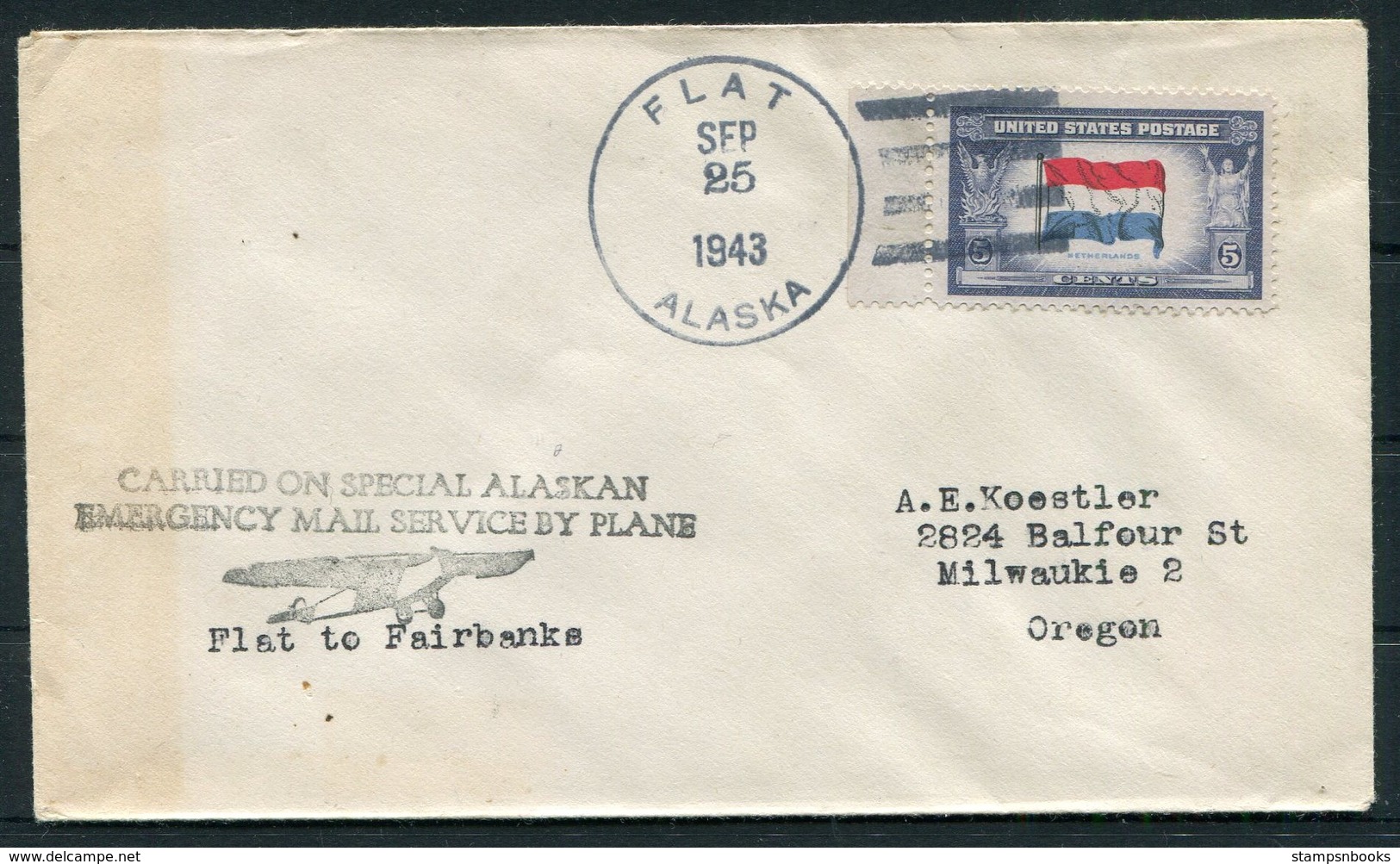 1943 USA Alaska, Alaskan Emergency Mail Service Flight Cover. Airmail Flat / Fairbanks - 2c. 1941-1960 Covers