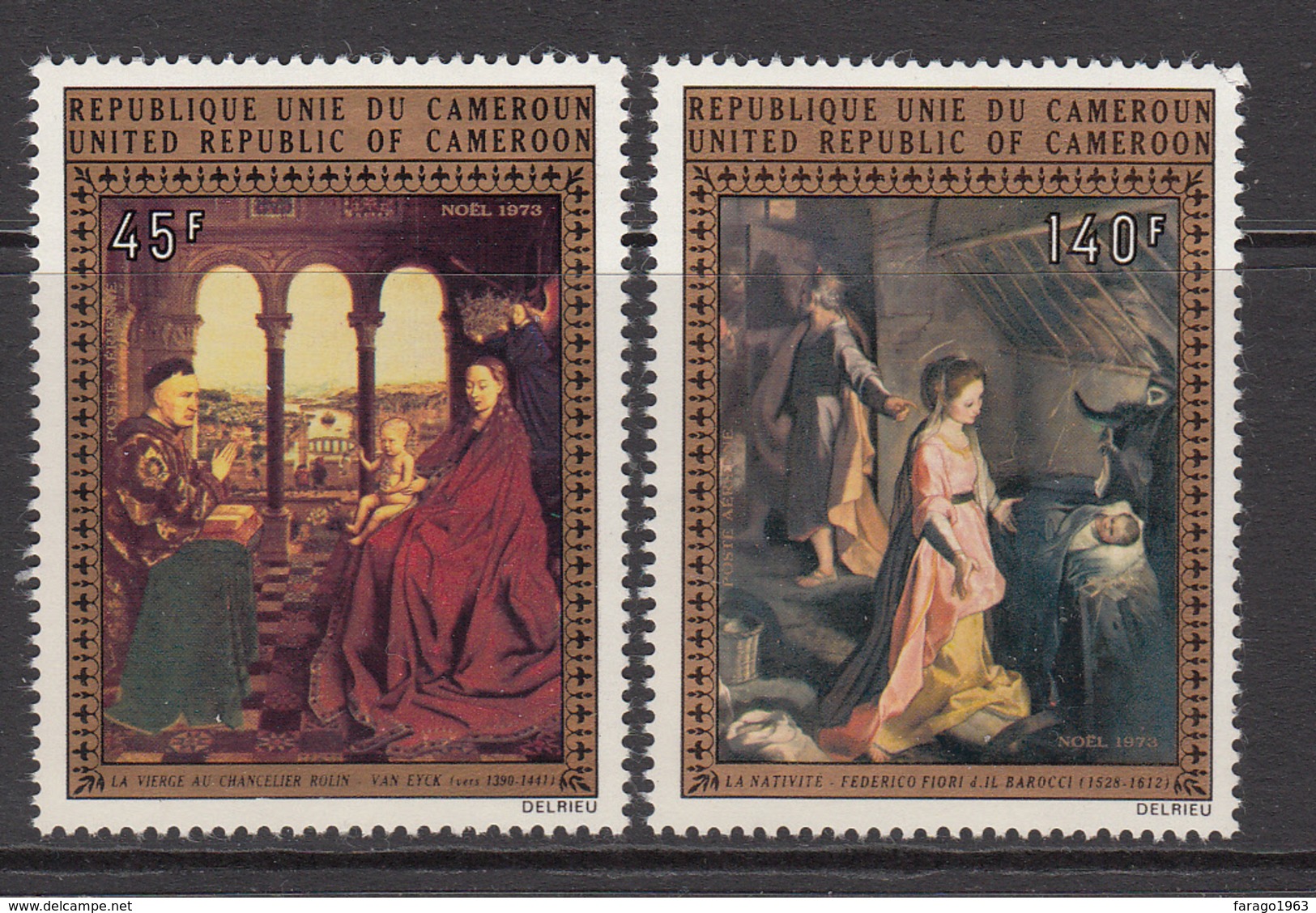 1973 Cameroun Christmas Paintings By Van Eyck & Barocel Set Of 2 MNH - Kameroen (1960-...)