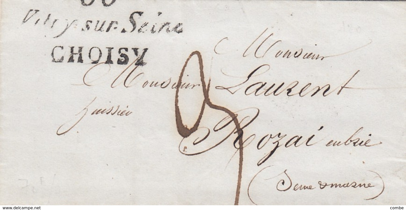 LAS . 1 NOV 40. SEINE. CURSIVE 60/Vitry-sur-Seine/CHOISY. POUR ROZAI EN BRIE. TAXE PLUME 3  /  2 - 1801-1848: Précurseurs XIX